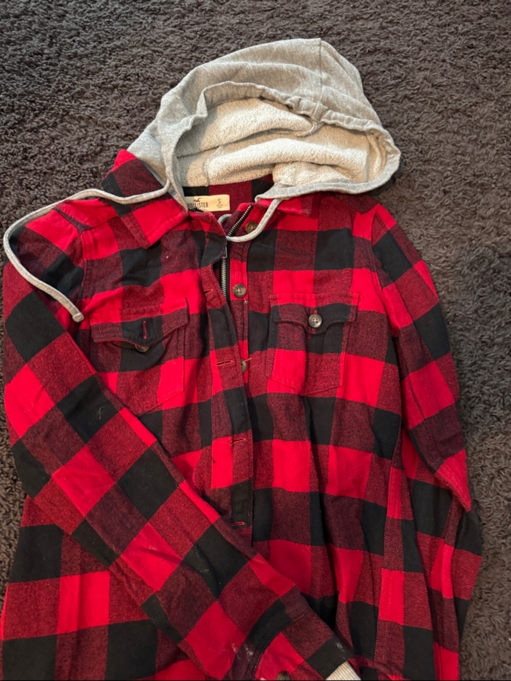 Hollister Red & Black Buffalo Plaid Flannel Shirt with Gray Hoodie